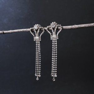 Vintage Silver Tone Crystal Rhinestone Elegant Tassel Dangle Statement Earrings